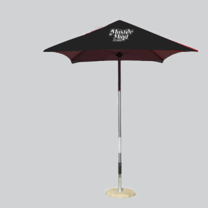 Custom branded parasol with printed logo, providing shade at outdoor events or café settings.